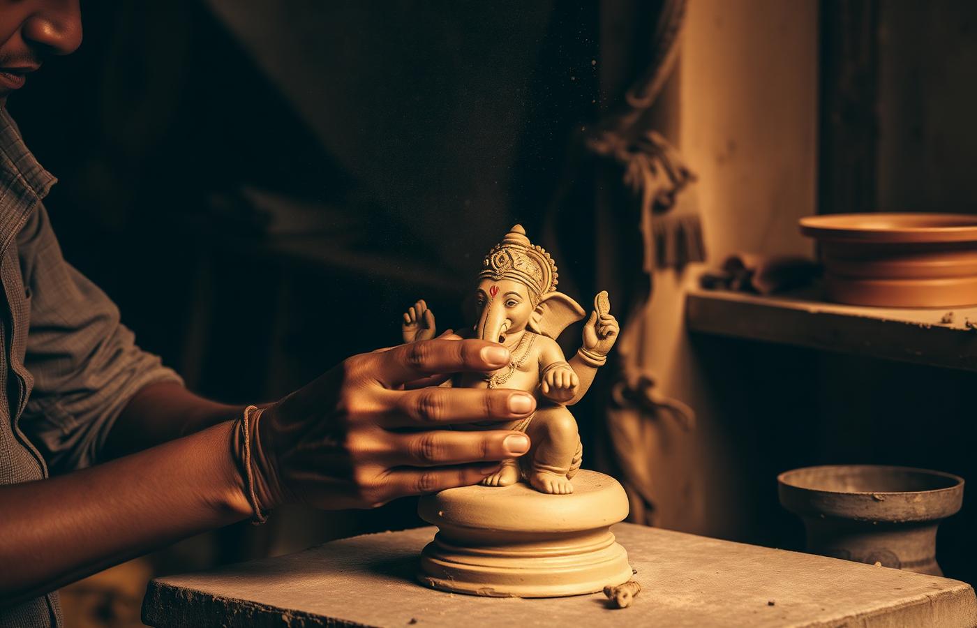 Artisan sculpting a clay Ganesh at the Shivmudra workshop